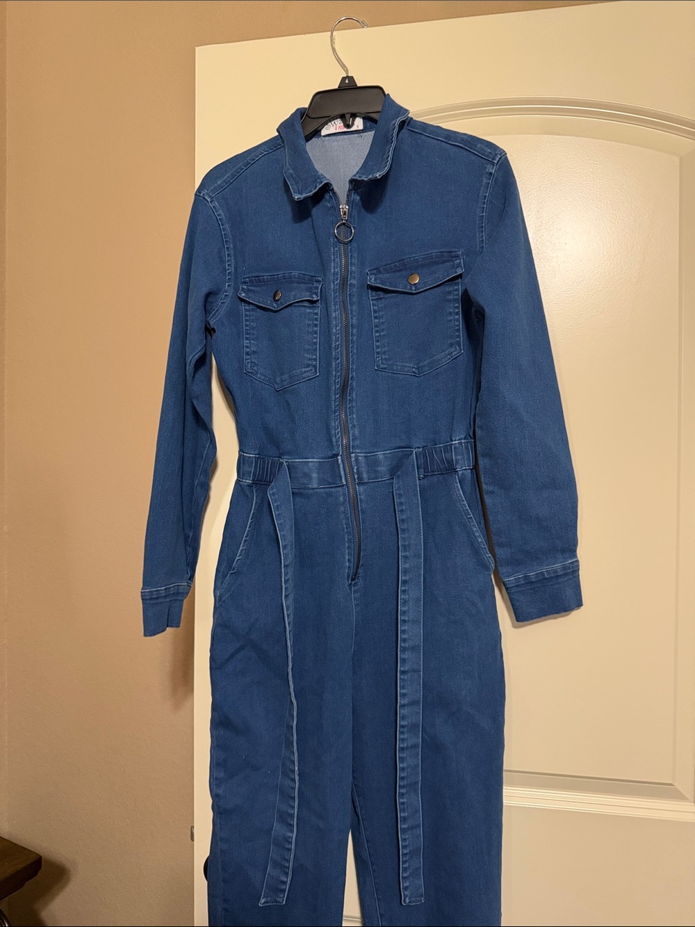 Denim Zip-Front Jumpsuit in Blue